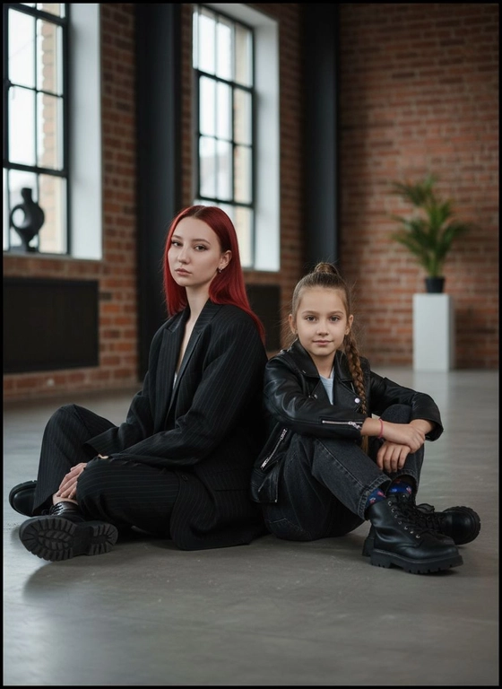 Создай крупного плана портрет, не меняя черты лица. Студийный портрет в полный рост на фоне студии в стиле  loft. Молодая женщина с длинными прямыми  волосами сидит на полу, на ней надет оверсайз черный пиджак в тонкую вертикальную полоску (pinstripe). Рядом с ней сидит девочка 7 лет , в косухе, в темных джинсах свободных, в грубых ботинках и с высоким хвостом , заплетеным в косу. Минималистичная эстетика, высокая мода, мягкое студийное освещение, высокое разрешение, фотореализм., контрастные тени, глубокий взгляд, кинематографичное качество, 8k.