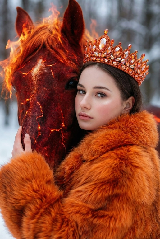   Высокофэшн Vogue editorial fantasy портрет крупным планом, воссоздающий сцену максимально точно. Интимный, плотный кадр от плеч и выше. Женщина слегка повернута в три четверти к камере, с спокойным, эфирным выражением лица и прямым, притягательным взглядом. Она нежно прижимается к шее величественного огненного коня, их лица расположены очень близко друг к другу в пределах кадра. На ней роскошная оранжевая меховая шуба с богатой, густой текстурой и выраженным объёмом, заполняющим передний план кадра. Мех выглядит мягким, дорогим, глубоко проработанным. На голове - эффектная оранжевая корона, инкрустированная сверкающими кристаллами с зеркальными гранями, которые ловят и преломляют огненный свет. Редакционный макияж подчёркивает сияющую фарфоровую кожу, лёгкий румянец и естественные губы. Конь изображён как живое воплощение огня: глубокие багряно-красные оттенки, светящиеся раскалённые трещины на коже, грива из струящихся языков пламени, частично видимая рядом с её лицом. Интенсивный тёплый оранжево-красный огненный свет освещает корону, мех и черты лица, создавая резкий контраст с холодными, приглушёнными оттенками заснеженного зимнего леса на мягко размытом заднем плане. Кинематографичный свет сочетает огненные блики и холодные рассеянные тени. Ультрамалая глубина резкости изолирует лица, усиливая ощущение близости. Мифическая сказочная элегантность, союз моды и фэнтези. Ультрадетализированная реалистичная фотография, качество обложки модного журнала. Съёмка на высококлассную среднеформатную камеру, объектив 85 мм, диафрагма f/1.8. Кинематографичная цветокоррекция. Без текста, без логотипов, без водяных знаков.