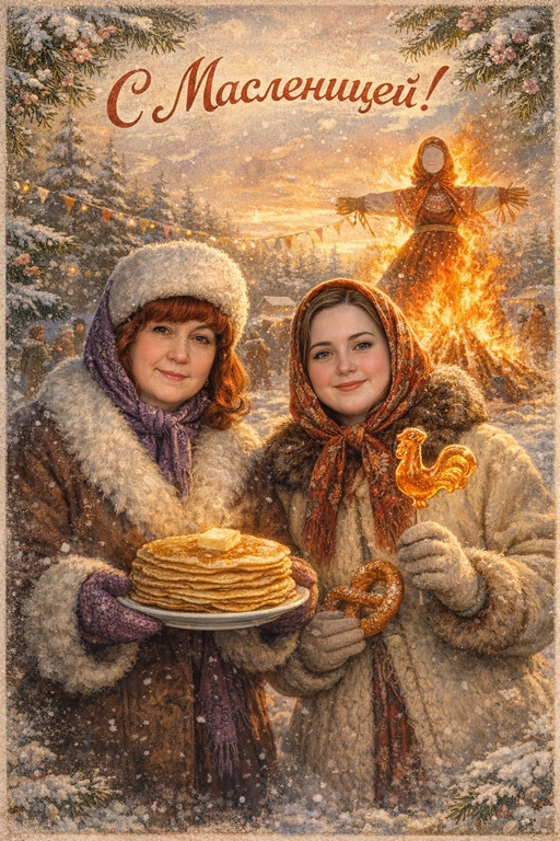  Создай винтажную открытку из предоставленных фотографий. Не меняй внешность, возраст, черты лица и индивидуальные особенности.
Стиль — советские сказочные открытки 1950–1970-х годов: мягкая живописная иллюстрация, тёплая палитра, ощущение уюта, лёгкая художественная детализация, деликатное зерно.
Композиция и формат:
Одежда: в традиционной славянской зимней одежде (шапки, полушубки, платки, варежки).
В руках могут быть традиционные угощения (сахарный петушок на палочке, крендель, стопка блинов на тарелке).
На заднем фоне — большая горящая Масленица (чучело на костре).
Зима, золотой час, мягкий тёплый свет.
Качество 8K.
Надпись: «С Масленицей!»
Шрифт — изящный, рукописный, сказочный, в стиле советских открыток.

