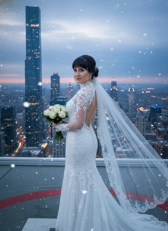 Женщина на крыше современного небоскреба в изящном облегающем свадебном платье с открытой спиной, украшенном нежной вышивкой и прозрачной фатой, держит букет белых роз, смотрит прямо в камеру, зима идёт снег, легкий ветер развевает фату. Волосы собранные в прическу ушей не видно. Чёлка. Глаза голубые с зеленцой 