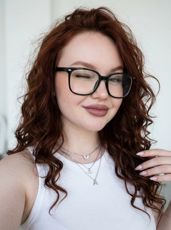 Vertical close-up portrait in the style of a natural selfie: a woman with her head tilted and a soft playful expression, one eye squinted or closed, gaze directed at the camera.
Expressive full lips, neat eyebrows, and soft makeup with an emphasis on the lips and eyes are noticeable on the face. There are thin chains around her neck, one with a small butterfly pendant.
The clothes are a white ribbed tank top with thin straps, revealing the shoulders and upper chest. The background is almost completely white, empty and minimalistic, like a light wall, without unnecessary objects.
The light is very soft, diffused, slightly overexposed, with a cool pink and purple hue, creating a gentle, slightly dreamy atmosphere.
The composition is close and intimate, the frame is cropped around the shoulders and chest, with emphasis on the face. The camera is at face level, creating the feeling of taking a picture from a phone. Light graininess, a gentle loss of detail in the highlights, natural, fashionable, slightly vintage aesthetic.



Причёска: Wavy hair, slightly tousled, with loose strands naturally falling across parts of the face without covering the eyes.