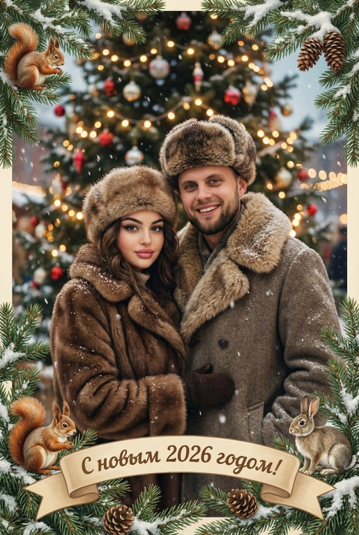   создай новогоднюю фотографию в стиле советского фильма: лица максимально похожи на исходное фото, на улице, в старой зимней одежде (пальто/шуба с меховым воротником, меховая шапки из ондатры или норки). Идёт снег. На фоне размытая украшенная советскими стеклянными игрушками ёлка с гирляндами и тёплыми огоньками. Внизу бежевая декоративная лента с надписью. Рамка по краям из еловых веток со снегом, добавить шишки, белочек и зайчиков. Атмосфера уюта и ностальгии, мягкие кистевые мазки, тонкая плёночная зернистость, мягкая глубина резкости. Надпись на ленте: "С новым 2026 годом!"