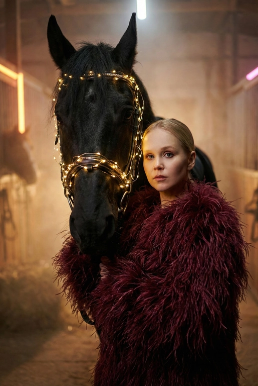Создай крупный портрет, не меняя черты лица. Фотография в стиле высокой моды. Женщина, одетая шубу из пера страуса. Она стоит рядом с вороной лошадью, которая полностью обвита светящимися теплым светом гирляндами. Гирлянда также идет поверх узды.  Освещение драматичное, кинематографичное, с  неоновым свечением и легкой дымкой на заднем плане в конюшне . Высокая детализация, 8k, профессиональная съемка. Лицо девушки освещено мягким теплым светом. Глубокие тени, туман, мистическая и сюрреалистичная атмосфера. Фото на камеру 35mm, малая глубина резкости. Цвет шубы - бордовый