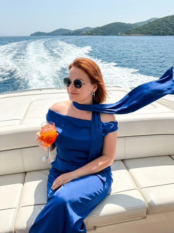 Фотореалистичное luxury lifestyle фото на борту скоростного катера. Кадр крупным планом, по пояс. Ракурс сверху, выше уровня глаз. Женщина сидит на белом кожаном сиденье катера, корпус слегка развернут в три четверти, голова повернута в сторону, взгляд направлен в сторону, спокойное расслабленное выражение лица, легкая полуулыбка. В одной руке бокал с ярко-оранжевым коктейлем со льдом и трубочкой, Минималистичные золотые серьги необычной формы, тонкая цепочка на шее. Волосы естественно развеваются ветром. Позади катера пенится кильватерный след, лазурная вода с солнечными бликами, зеленое побережье и невысокие холмы на горизонте, атмосфера дорогого летнего отдыха. Яркое полуденное солнце, чистое голубое небо, насыщенные естественные цвета, выразительные блики на воде и украшениях, дорогая цветокоррекция с пленочной эстетикой Kodak Gold 200, теплые оттенки кожи, глубокие синие и бирюзовые тона воды, естественный контраст без пересветов. Съемка на iPhone 16 Pro, 24 mm, photorealistic skin texture, luxury lifestyle photography, natural depth of field, ultra realistic, high detail, 8K.

Какая будет одежда?: Одежда: длинный комбинезон из плотного шелкового крепа глубокого сапфирового оттенка, с открытыми плечами и широкими брюками. От линии шеи уходит длинный узкий шарф из той же ткани, который развивается на сильном морском ветру.

Очки:  круглые солнцезащитные очки в золотой оправе с темными линзами