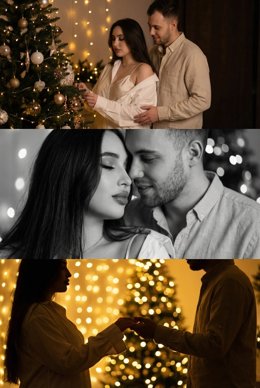Создай новогодний кинематографичный коллаж, состоящий из трёх горизонтальных кадров друг под другом. Вечер, приглушенный свет, тёплый свет гирлянд, мягкое боке, уютная домашняя атмосфера. 

Кадр 1 (верхний): широкий план. Пара у украшенной новогодней ёлки.
Одежда: девушка в лёгкой белой рубашке, надетой свободно на шелковый топ на тонких бретельках, слегка сползающей с плеч; парень — в светлой рубашке бежево-молочного оттенка. Слабый свет гирлянд, мягкие тени, спокойный романтичный момент.

Кадр 2 (средний): крупный чёрно-белый портрет. Их лица близко, мягкое боке позади. Одежда: те же свободные рубашки, видны только верхние части — мягкая ткань, естественные складки, домашний уют. 

Кадр 3 (нижний): силуэтный кадр на фоне ярких огней. Пара тянется друг к другу. Одежда: светлые рубашки, расстёгнутые манжеты, мягко подсвеченные гирляндами. Золотой свет, много боке, тёплое новогоднее настроение.

Стиль: тёплый, нежный, интимный, романтичный, кинематографичный.