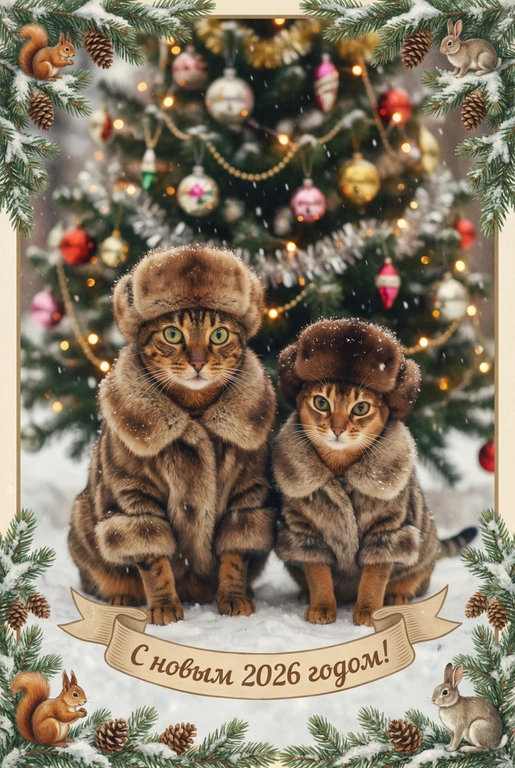   создай новогоднюю фотографию в стиле советского фильма: лица максимально похожи на исходное фото, на улице, в старой зимней одежде (пальто/шуба с меховым воротником, меховая шапки из ондатры или норки). Идёт снег. На фоне размытая украшенная советскими стеклянными игрушками ёлка с гирляндами и тёплыми огоньками. Внизу бежевая декоративная лента с надписью. Рамка по краям из еловых веток со снегом, добавить шишки, белочек и зайчиков. Атмосфера уюта и ностальгии, мягкие кистевые мазки, тонкая плёночная зернистость, мягкая глубина резкости. Надпись на ленте: "С новым 2026 годом!"