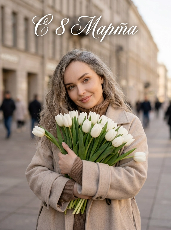 Человек на улице держит большой букет белых тюльпанов, прижимает его к груди. На Человеке светло-бежевое пальто свободного кроя, под пальто коричневый трикотажный топ. Человеке мягко улыбается, взгляд направлен в камеру, живые эмоции, голова немного наклонена вбок. Съёмка по пояс. Естественный тёплый дневной свет, мягкие тени. Фон — городская архитектура в нейтральных бежевых тонах, слегка размытый. Реалистичная фотография, высокая детализация кожи и ткани, натуральные цвета, shallow depth of field, lifestyle photography, soft natural light. Добавь надпись каллиграфическим изящным шрифтом белого цвета.

Какая будет надпись?: Текст сверху: "С 8 Марта"