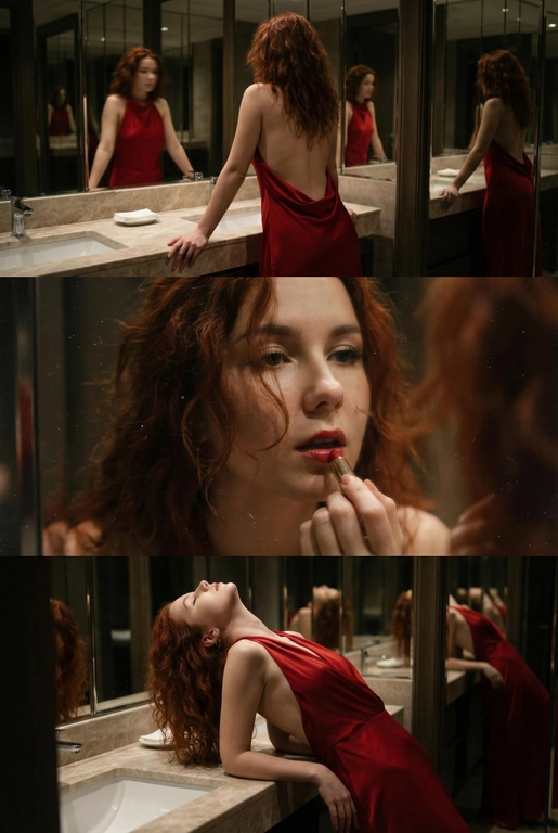 Создай не меняя черты лица. Экстремально реалистичный кинематографичный триптих, как живая серия фотографий из Instagram, снятая в зеркальном туалете дорогого ресторана. Вечер, интимная атмосфера, отражения в зеркалах, приглушённый свет, ощущение роскоши и ускользающего момента. Весь триптих объединён одним образом и единым настроением, с лёгким зерном, как будто кадры сняты в движении, естественно. В верхней части женщина стоит спиной облокотившись на раковину рукой, лицо в тени спина освещена, в отражениях зеркал видна её фигура, на ней одно и то же красное платье с открытой спиной, ткань струится и выглядит дорого, чувственно. Свет мягко скользит по плечам и линии спины, создавая глубокие тени и драматичный силуэт. В средней части экстремально близкий ракурс лица через зеркало, женщина смотрит на своё отражение и поправляет помаду, жест живой и естественный. Лицо частично в фокусе, частично слегка размыто, ощущение движения и дыхания кадра. Пышные ресницы, выразительный взгляд, блики света в зеркале, локоны из пучка падают на лицо, добавляя интимности. В нижней части девушка запрокинула голову и облокотилась о раковину, глаза закрыты, поза расслабленная, уязвимая, словно она на секунду выпала из шумного вечера. Платье то же самое, красное, ткань ловит приглушённый свет, усиливая глубину цвета и теней. Во всех кадрах приглушённое освещение, cinematic lighting, мягкие тени, отражения зеркал, лёгкое зерно и небольшой motion blur без резкой чёткости и глянца. Цвета глубокие, насыщенные, но сдержанные. Общий стиль ультрареализм, кинематографическая эстетика, эффект настоящего Instagram-триптиха, ощущение пойманного момента, живо, чувственно и очень реалистично, как кадры из личного архива.
Не меняй черты лица. Длинные изящные рыжие волнистые волосы, несколько локонов свободно падают на лицо и шею. 