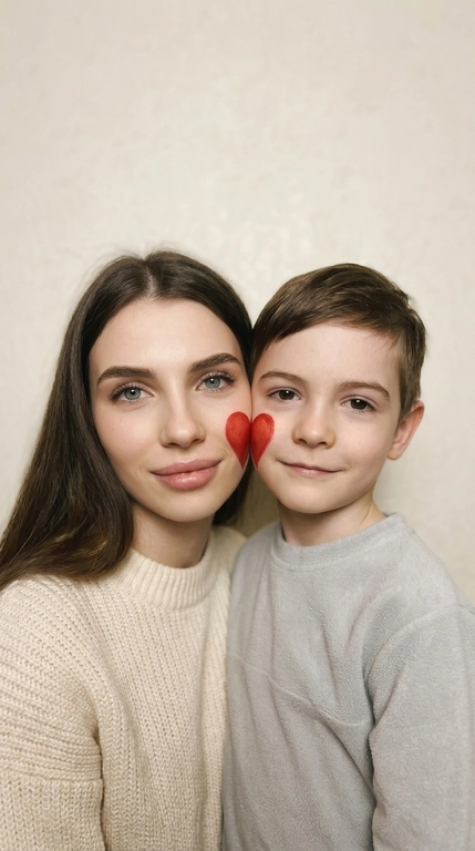 Не меняй внешность и черты лица «вертикальная фотография, мягкий студийный свет с эффектом вспышки, крупный план, умеренный контраст, лёгкая плёночная зернистость, винтажный документальный стиль.
Минималистичный светлый фон (чистая стена). Щёки людей соприкасаются. На щеке первого человека (слева) — половина сердца, на щеке второго человека (справа) — вторая, вместе образуют одно сердце.
Оба смотрят в камеру: у моделей спокойная теплая улыбка. 


Какая будет одежда?: Естественный внешний вид, уютная светлая повседневная одежда.