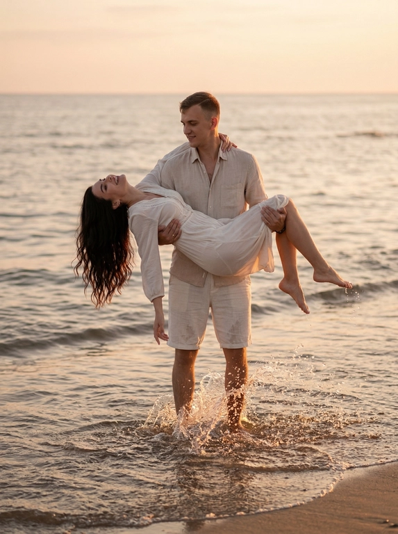 Это романтичный кадр, возможно, из свадебной фотосессии или просто фотосессии пары. Действие происходит на морском побережье во время заката. Общая атмосфера мягкая, теплая и нежная. Цветовая гамма теплая, с преобладанием оттенков бежевого, песочного и золотистого, отражающих закатное солнце и цвет песка.

Мужчина стоит в воде, которая доходит ему примерно до колен. На нем надета светлая рубашка с коротким рукавом, частично расстегнутая, и светлые шорты. Он держит на руках женщину, одну руку он подложил ей под спину, а второй держит под коленями. Его поза расслабленная, но крепкая, он смотрит вниз.

Женщина лежит на руках мужчины,  откинувшись назад. На ней надето легкое,  белое платье с длинными рукавами. Её поза непринужденная, руки свободно свисают вниз. Волосы распущены и свободно ниспадают вниз. Кажется, что она смеется или улыбается. Вокруг них брызги воды, создающие динамичный эффект.