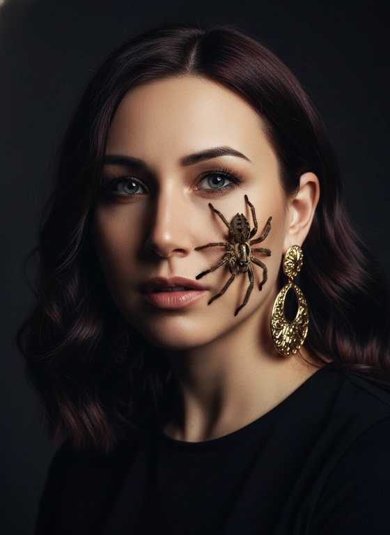 Не меняя внешности женщины с фото, изображение передает драматическую близость  крупного плана, где её лицо  смотрит прямо в камеру , губы приоткрыты занимает почти весь кадр, а крупный паук с пухлыми лапами и заметной текстурой волос покрывает часть её лица, почти касаясь кожи щеки. Лицо женщины с выразительными серо-голубыми глазами и густыми, чётко прорисованными бровями и густыми черными ресницами смотрит прямо в камеру, передавая сильный, завораживающий взгляд.  В ушах массивные золотые серьги .Её кожа гладкая и естественной матовости, освещена мягким, но контрастным светом, который создает глубокие тени по контурам носа и скул, подчеркивая объем и рельеф. Тон лица кажется теплым с лёгким золотистым оттенком, а мелкая фактура кожи хорошо различима. Волосы женщины темные, распущенные, крумными волнами спускаются на плечи, частично скрыты тенью, и контрастируют с матовым черным верхом одежды, который виден лишь частично и почти сливается с фоном. Освещение акцентировано на лице, создавая мягкое свечение и отражения в глазах, добавляющее живость образу. Обрамление кадра подчеркнуто резким фокусом на глазах и пауке, в то время как фон и нижняя часть тела женщины растворяются в темноте, придавая фотографии загадочность и кинематографичность. Композиция выглядит интимной и немного напряженной, создавая атмосферу, в которой природа и человеческий портрет взаимосвязаны в необычном, но притягательном союзе, фотореалистичное изображение, высокая текстурная детализация, высокое качество, разрешение 8K.
Эстетика роскоши, высокое разрешение,гиперреализм, текстура детально проработаны. Dramatic studio lighting, chiaroscuro, high contrast. Quality: 8k, hyper-realistic, highly detailed textures.