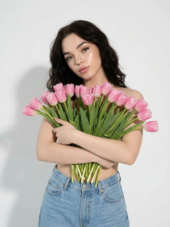 Женщина позирует в на белом фоне. Мягкие тени на стене и полу, ощущение воздуха и пространства. Макияж натуральный: ровный сияющий тон кожи, подчеркнутые ресницы, мягкие розовые губы. Атмосфера кадра — женственность, свежесть, легкость, весеннее настроение. Крупный план по грудь. На ней только светло-голубые широкие джинсы Levi’s с высокой посадкой. Взгляд в камеру, спокойное уверенное выражение лица. Голова немного наклонена вбок.

Какие будут цветы?: Она обнимает большой букет розовых тюльпанов, полностью прикрывая им грудь. Стебли естественно опущены вниз под весом цветов.