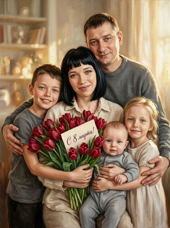 Схожесть 100%, не менять черты лица. Гиперреалистичные вертикальное изображение — точная копия персонажей с референсной фотографии. Персонажи с фотографии мягко улыбаются и обнимают огромный букет красных тюльпанов. Все персонажи одеты в нейтральную повседневную одежду без ярких деталей. Стиль: густая масляная живопись с выраженными мазками (oil painting, heavy brushstrokes). В букет вставлена открытка. На открытке каллиграфическая надпись. Мягкий солнечный свет, малая глубина резкости, создающая ощущение уюта и тепла.

Какая будет надпись?:  На открытке надпись "С 8 марта!"