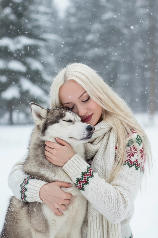 Соответствие лица: сохраняйте точные черты лица, структуру костей, разрез глаз, форму губ, текстуру кожи и оттенок по загруженной фотографии, максимально соответствует индивидуальности] -> Человек с мягкой улыбкой, полузакрытыми от счастья глазами -> нежно обнимает собаку, щека прижата к пушистой шее собаки, обе руки обвиты вокруг груди и шеи собаки, снежинки тают на шерсти и волосах., нежное, любящее выражение лица -> в кремово-белом толстом свитере скандинавской вязки с традиционным красно-зеленым рождественским рисунком на рукавах и воротнике,  в белом вязаном шарфе, свободно повязанном на шее -> на улице в сильный снегопад. В кадре видно морду собаки. Собака породы сибирский хаски.