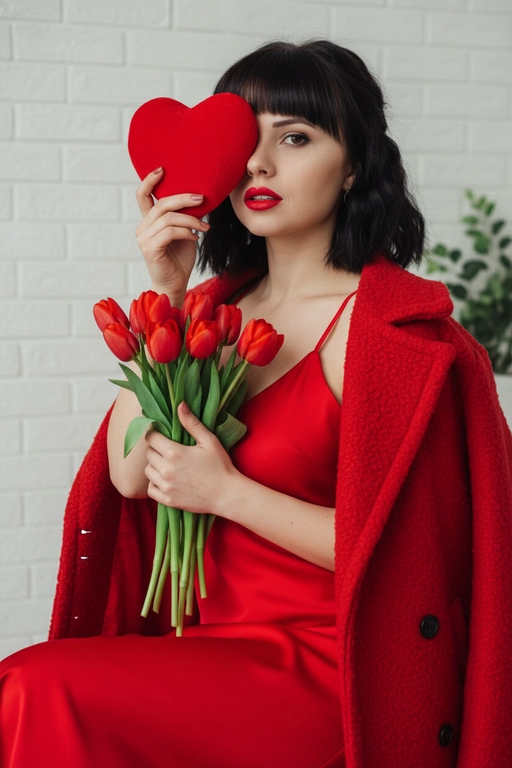 Профессиональная модная фотография в сверхвысоком разрешении, на которой женщина держит большой красный предмет в форме сердца, прикрывающий один глаз, и сжимает букет красных тюльпанов. Максимально сохранить все черты лица, сохраняя точные черты лица по образцу, мягкое естественное боковое освещение слева. нежные тени, портрет в три четверти с небольшим наклоном вверх, элегантное красное платье-комбинация на тонких бретельках под открытым текстурированным красным пальто оверсайз, уверенный игривый взгляд и ярко-красные губы, романтическое настроение, теплая красно-зеленая палитра на фоне белой кирпичной стены, бьюти-снимок из журнала, небольшая глубина резкости, четкий фокус на лице, Сверхдетализированная профессиональная фотография в формате 8K.