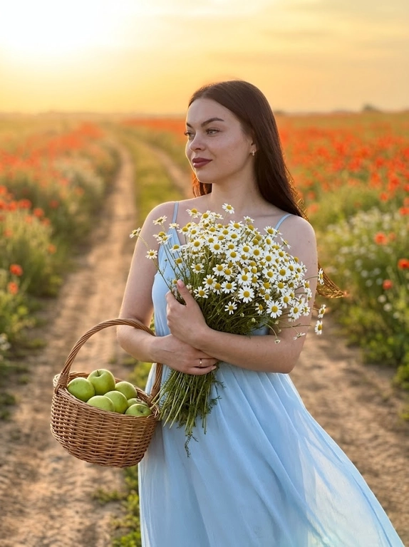 Ультрареалистичное лайфстайл-фото, снятое как на iPhone 17 Pro, загородная дорога уходящая в перспективу среди цветущих маковых полей на закате, тёплый золотой свет, мягкий контровый свет по контуру тела, естественное боке на заднем плане, лёгкая дымка в воздухе, женщина в кадре по бёдра, полуоборот 3/4 влево, корпус прямой, плечи расслаблены и опущены, правое бедро слегка отведено назад создавая естественную линию тела, подбородок немного приподнят, взгляд направлен в сторону солнца, спокойное мечтательное выражение, у груди большой живой букет ромашек, правая рука мягко обнимает букет, левая держит стебли снизу, в другой руке плетёная корзинка с зелёными яблоками, лёгкое короткое платье на тонких бретелях с воздушной юбкой слегка движущейся от ветра, натуральный макияж с мягкими бежевыми тенями, тонкой чёрной стрелкой, длинными густыми ресницами и винным тинтом на губах, живая текстура кожи, естественный закатный свет с тёплыми бликами и мягкими тенями без жёстких провалов, натуральные цвета с лёгкой тёплой тональностью, минимальная обработка без ретуши кожи, максимальный реализм, лёгкая глубина резкости, фокус на лице и букете, фон мягко размывается


Цвет платья: Голубое