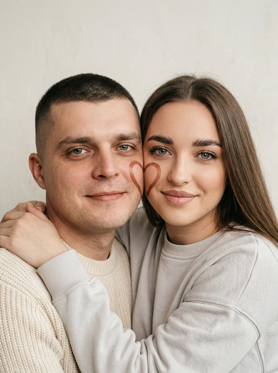 Не меняй внешность и черты лица «вертикальная фотография, мягкий студийный свет с эффектом вспышки, крупный план, умеренный контраст, лёгкая плёночная зернистость, винтажный документальный стиль.
Минималистичный светлый фон (чистая стена).
Родитель (слева) и ребёнок (справа), щёки соприкасаются. На щеке родителя — половина сердца, на щеке ребёнка — вторая, вместе образуют одно сердце.
Оба смотрят в камеру: у родителя спокойная тёплая улыбка, у ребёнка — спокойная тёплая улыбка.


Какая будет одежда?: Естественный внешний вид, уютная светлая повседневная одежда.