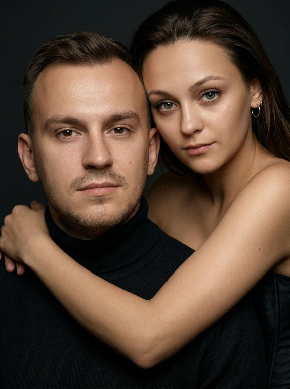 Гиперреалистичный студийный fashion-портрет молодой пары по загруженному референсу, 100% сходство лиц. Черты лица не изменять. Крупный план, кадр по плечи. Мужчина, спокойный уверенный взгляд прямо в камеру, естественное выражение лица, одет в черный трикотажный свитер с высоким воротом. Женщина стоит позади мужчины и нежно обнимает его, ее руки лежат на его плечах. Ее лицо расположено рядом с его лицом, она повернута слегка боком, голова немного наклонена вперед, взгляд направлен прямо в камеру. У женщины выразительные глаза с длинными густыми черными ресницами, естественный clean-glam макияж, натуральные брови, теплый оливковый оттенок кожи, небольшие серьги-кольца. Композиция плотная и интимная, их лица расположены очень близко друг к другу, современный модный портрет пары. Женщина одета в черный корсет. Кожа максимально натуральная: живая текстура кожи, видимые микропоры, subtle skin glow, естественный мягкий блеск кожи, natural skin microtexture, skin translucency, micro skin details, легкие естественные несовершенства кожи, без ретуши и без эффекта пластика. Освещение: мягкий студийный beauty lighting, рассеянный ключевой свет спереди и немного сбоку, мягкие глубокие тени для объема лица, деликатные световые блики на коже. Фон: глубокий темный студийный фон, темно-графитовый или почти черный, создающий контраст с кожей и лицами. Стиль: luxury fashion editorial photography, high fashion portrait, ultra photorealistic, 85mm portrait lens, shallow depth of field, creamy bokeh, cinematic soft lighting, RAW photo, extremely detailed, fine hair strands, natural skin pores, professional photography, photorealism, 8k, high dynamic range.