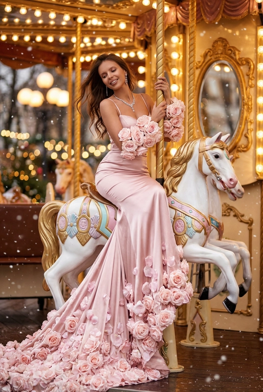   Сказочный праздничный портрет на ретро-карусели, вертикальный кадр до пола. Девушка сидит боком верхом на белой карусельной лошадке с золотыми и пастельно-розовыми декоративными элементами, руками обнимает золотой столб, на ней, уши украшены свисающими серьгами. Волосы распущены и развеваются, лицо слегка повернуто в сторону, выражение расслабленное и радостное. Фон залит тёплым светом гирлянд и лампочек карусели, золотые рамы зеркал и размытые огни парка создают атмосферу роскошной рождественской ярмарки, в воздухе лёгкие снежинки и боке. Гламурный праздничный стиль, насыщенные тёплые тона, мягкое боке, high fashion editorial, 8k, cinematic lighting, shallow depth of field, festive atmosphere. --ar 9:16 --v 6 --style raw --q 2 На ней мерцающее бледно-розовое атласное платье «русалка» и тонкими бретелями, плотно облегающее талию и бедра, переходящее в длинный шлейф, полностью покрытый объемными бледно-розовыми розами и лепестками; крупные цветочные манжеты/рукава из тех же роз; изысканное бриллиантовое ожерелье
