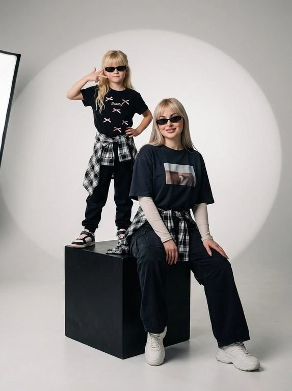 Photorealistic studio portrait photography in minimalistic fashion/editorial aesthetics, static camera at chest level of a seated person, light frontal angle without noticeable perspective deformation; composition with two characters: an model sits on a large matte black cube, body slightly turned towards the camera, knees bent, feet on the floor, the arms are lowered and relaxed in front of the knees, the fingers are neatly extended; the child stands on the same cube behind and to the left, at full height, one hand raised with a "V" gesture, the other lowered, pose confident and playful; both wearing narrow dark sunglasses, gaze directed at the camera; shooting plan — full height for both with a small supply of air above and below, center the center of the frame is shifted to the right to a sitting figure, a standing child balances on the left; the lens is normal/short portrait 50-70 mm, without width; aperture is approximately f/5.6–f/8, moderate depth of field, both characters are sharp, the background is slightly soft; the studio lighting is soft, with one key source on the front left at a level just above the head (softbox), giving smooth transitions and a pronounced but soft shadow against the background on the right; light filling light from the front reduces contrast, shadows are readable; the background is a smooth, light, seamless cyclorama/wall with a noticeable large oval light spot (gradient) in the center, there is a darker vignetting around, a clean minimalistic studio without props; the mood is calm, stylish, slightly retro, with an emphasis on street fashion and family vibe; the expression on the face of the seated model is a soft smile, relaxation; the person standing has a confident neutral facial expression; clothes: the seated model has a dark oversized T-shirt with a large rectangular print on the chest, under it a light longsleeve with long sleeves, wide dark cargo trousers/joggers with pleats at the knees and bottom, a plaid shirt/flannel tied at the waist with a knot, massive light sneakers with a pronounced sole and mesh texture; the child has a dark T-shirt with a large inscription on the chest, dark trousers, a plaid shirt tied at the waist, sneakers in two colors; fabrics with a realistic cotton and flannel texture, noticeable fine folds, natural creases on the knees and in the waist area, matte surfaces without gloss; micro-details: natural skin texture without plastic, neat glare on the lenses of glasses, a clear contour of the shadow from the raised hand on the background, clean floor and soft drop shadow from the cube; high detail, natural sharpness, light grain like a film shot, moderate contrast, soft matte/film look, no HDR, no overexposure and no unnecessary objects.

Какого цвета будут рубашки на поясе?: Чёрно-белый.