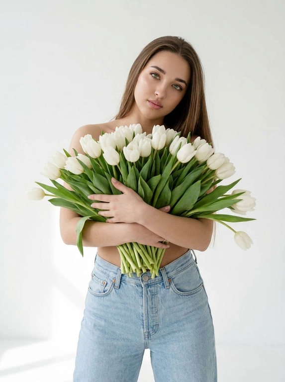 Женщина позирует в на белом фоне. Мягкие тени на стене и полу, ощущение воздуха и пространства. Макияж натуральный: ровный сияющий тон кожи, подчеркнутые ресницы, мягкие розовые губы. Атмосфера кадра — женственность, свежесть, легкость, весеннее настроение. Крупный план по грудь. На ней только светло-голубые широкие джинсы Levi’s с высокой посадкой. Взгляд в камеру, спокойное уверенное выражение лица. Голова немного наклонена вбок.

Какие будут цветы?: Она обнимает большой букет белых тюльпанов, полностью прикрывая им грудь. Стебли естественно опущены вниз под весом цветов.