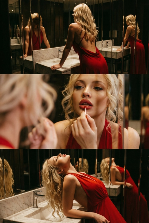 Создай не меняя черты лица. Экстремально реалистичный кинематографичный триптих, как живая серия фотографий из Instagram, снятая в зеркальном туалете дорогого ресторана. Вечер, интимная атмосфера, отражения в зеркалах, приглушённый свет, ощущение роскоши и ускользающего момента. Весь триптих объединён одним образом и единым настроением, с лёгким зерном, как будто кадры сняты в движении, естественно. В верхней части женщина стоит спиной облокотившись на раковину рукой, лицо в тени спина освещена, в отражениях зеркал видна её фигура, на ней одно и то же красное платье с открытой спиной, ткань струится и выглядит дорого, чувственно. Свет мягко скользит по плечам и линии спины, создавая глубокие тени и драматичный силуэт. В средней части экстремально близкий ракурс лица через зеркало, женщина смотрит на своё отражение и поправляет помаду, жест живой и естественный. Лицо частично в фокусе, частично слегка размыто, ощущение движения и дыхания кадра. Пышные ресницы, выразительный взгляд, блики света в зеркале, локоны из пучка падают на лицо, добавляя интимности. В нижней части девушка запрокинула голову и облокотилась о раковину, глаза закрыты, поза расслабленная, уязвимая, словно она на секунду выпала из шумного вечера. Платье то же самое, красное, ткань ловит приглушённый свет, усиливая глубину цвета и теней. Во всех кадрах приглушённое освещение, cinematic lighting, мягкие тени, отражения зеркал, лёгкое зерно и небольшой motion blur без резкой чёткости и глянца. Цвета глубокие, насыщенные, но сдержанные. Общий стиль ультрареализм, кинематографическая эстетика, эффект настоящего Instagram-триптиха, ощущение пойманного момента, живо, чувственно и очень реалистично, как кадры из личного архива.
Не меняй черты лица. Очень длинные изящные волнистые волосы, несколько локонов свободно падают на лицо и шею. 