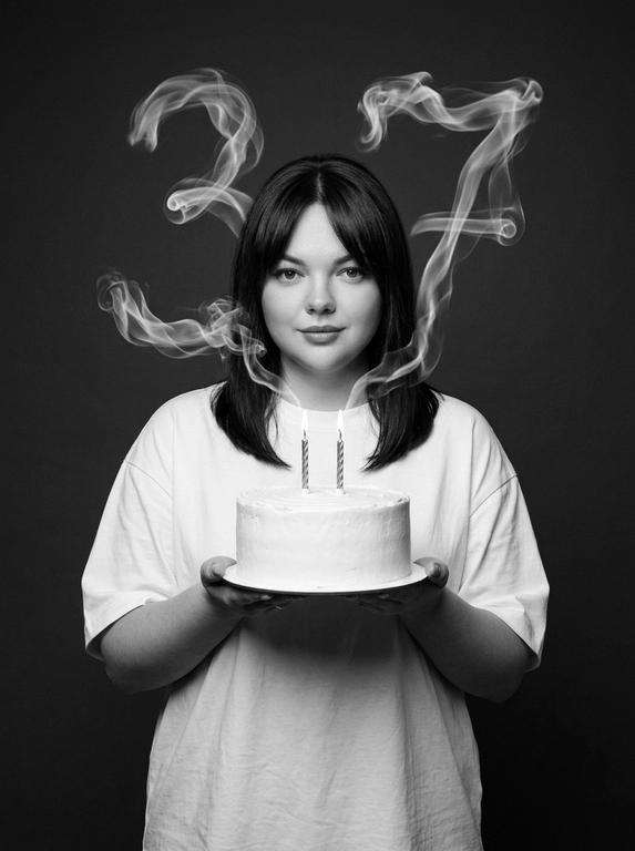 Create a highly photorealistic birthday studio portrait. Use ONLY the uploaded photo as the identity reference and generate the entire scene from scratch.

IDENTITY LOCK: preserve the uploaded person’s exact identity, facial structure, proportions, eyes, eyebrows, nose, lips, jawline, skin tone, skin texture, natural asymmetry, hair color and natural appearance. Preserve the person’s gender exactly as shown. Do not feminize, masculinize, beautify, age, de-age or alter their identity.

POLISHED APPEARANCE: the person must look exceptionally well-groomed, clean, polished and professionally styled, while remaining recognizable as themselves. Hair must look freshly washed, healthy, neat and professionally styled. Preserve the original hair color, length and texture from the uploaded photo, but create a tasteful, natural hairstyle suitable for a professional editorial birthday portrait. For women, create a polished feminine blowout or elegant natural styling when compatible with the original hair. For men, create neat, professionally groomed hair while preserving the original hairstyle. Skin should look clean and healthy with subtle natural grooming, never heavy makeup or artificial retouching.

COMPOSITION LOCK — identical for male or female:
The person stands centered, facing directly toward the camera, framed from approximately the waist up. They wear an oversized plain white T-shirt. Both hands hold a large round white frosted birthday cake on a simple white plate at lower center frame. The cake is directly in front of the torso, never positioned to the side. Two thin dark candles stand vertically on the cake.

Behind the person is a smooth dark charcoal-gray studio background. Realistic white candle smoke rises upward and forms the exact number. The number appears ONLY ONCE, large and clearly readable behind the upper body/head area, naturally connected to the candle smoke. It must look like real physical smoke, not typography.

The person looks directly into the camera with a calm, confident, natural expression and closed mouth.

Black-and-white luxury editorial photography, soft cinematic studio lighting, subtle shadows, realistic contrast and fine film grain. Ultra-photorealistic skin, hair, fabric, cake, hands and physically accurate smoke.

No plastic skin, messy or unstyled hair, greasy hair, excessive makeup, beauty filter, excessive retouching, CGI look, HDR, artificial sharpness, extra people, text, logos or watermark

Цифры из дыма: 37