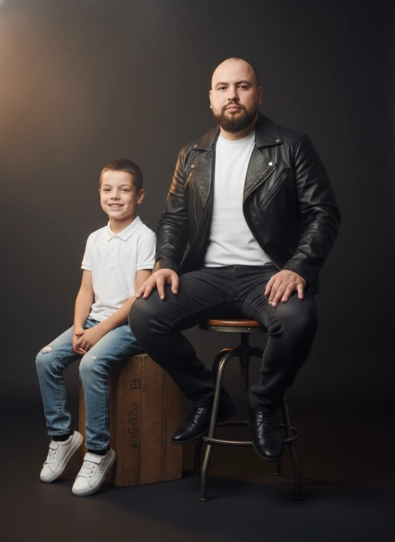 Преобразуйте загруженные фото в ультрареалистичный студийный портрет отца и сына в качестве 8K. Полностью сохраните их реальные черты лица и пропорции с исходного изображения. Отец одет в приталенную черную кожаную куртку поверх белой футболки с круглым вырезом и темные джинсы, уверенно сидит на металлическом индустриальном табурете. Его сын (5–8 лет) в белой поло, светло-голубых рваных джинсах и белых кроссовках сидит рядом на деревянном ящике, повторяя расслабленную позу отца с искренней улыбкой. Используйте профессиональный студийный свет: мягкий ключевой свет слева, контровой свет для подчеркивания контуров и легкий эффект дымки на фоне. Фон — темный угольно-серый градиент. Фотореалистичный рендер в 8K с естественной текстурой кожи, реалистичными деталями ткани и кинематографической глубиной резкости. Итог — портрет уровня премиального журнала, передающий искреннюю связь и уверенность.