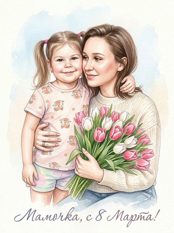 Создай Акварельный портрет к 8 Марта со всеми людьми из предоставленных фотографий. Стиль — мягкая современная живописная иллюстрация, с ощущением тепла, света и искренности. Все люди размещены в центре композиции, средний план, акцент на эмоциях и взаимодействии. Фон — светлый, минималистичный, выполненный в мягкой акварельной или живописной технике с нежными голубыми и белыми разводами. Лица сохранить максимально похожими на оригинальные фотографии, без изменения черт лица, возраста и эмоций, реалистичное сходство с аккуратной художественной стилизацией без искажений. Одежда — лёгкая, современная, в нежных пастельных тонах. В руках у одного из персонажей — большой букет свежих розовых и белых тюльпанов. Главный акцент — на людях, их близости и тёплом взаимодействии. Цветовая палитра светлая, весенняя, пастельная, мягкое естественное освещение. Атмосфера нежности, любви и семейного тепла. Внизу добавить изящную рукописную надпись. 

Какая будет надпись?:  Надпись: Мамочка, с 8 Марта!