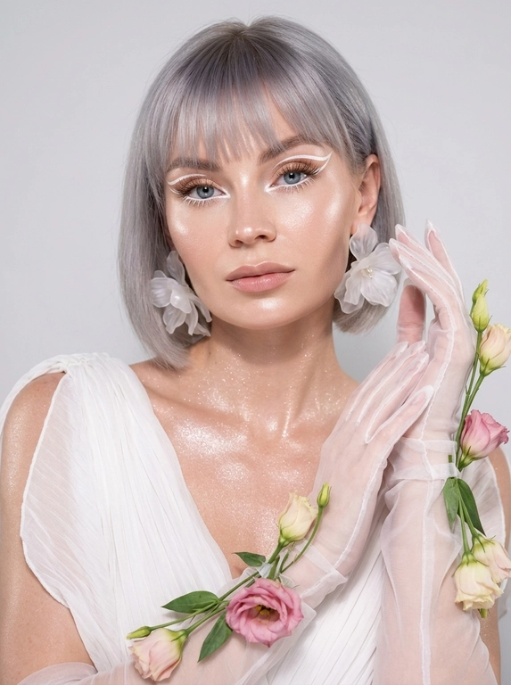 Создай крупный портрет в стиле высокой моды, не меняя черты лица. Элегантный макияж глаз с длинными острыми белыми двойными изогнутыми стрелками, длинные густые ресницы эффект лучики, нижние густые ресницы накрашены белым, белый каял карандаш на нижнем веке, белый хайлайтер во внутренних уголках и на скулах. Тело и декольте подсвечены хайлайтером и шиммером. На ушах объемные полупрозрачные белые серьги-цветы. Высокая детализация текстур кожи и одежды. Лицо освещено ярким белым светом, изящный кадр с нежным светом, мягко обволакивающим фигуру и подчеркивающим пышные складки белого платья из тонкой плиссированной ткани, создающей легкость. В длинных полупрозрачных перчатках, добавляющих изысканности и загадочности. По запястьям из-под перчаток и по предплечьям живые цветы — розовые и кремовые бутоны эустомы и листья, контрастирующие с кожей и блеском перчаток. Лицо обращено к камере, выражение спокойствия и мечтательности, с влажной сияющей кожей. Равномерно светлый нейтральный фон акцентирует фигуру и детали, тени размыты, создавая атмосферу тепла и уюта. Композиция сосредоточена на верхней части тела и руках, подчеркивая грациозность и изящество, фотореалистичное изображение, высокая детализация, 8K, высокая контрастность. Девушка смотрит прямо в камеру.