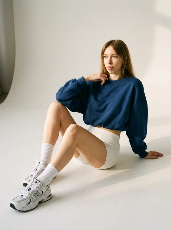 Не меняя внешность модели с фото, фотореалистичная студийная fashion-съемка на светлой минималистичной циклораме. На модели объемный темно-синий укороченный свитшот, короткие облегающие белые трикотажные шорты, белые носки средней длины и белые кроссовки New Balance. Эстетика спортивной editorial-съемки: чистое пространство, мягкий естественный свет с выраженными тенями на полу, лаконичная цветовая палитра, акцент на пластике тела, длинных линиях рук и ног, необычных позах, журнальная подача, естественная текстура кожи, теплый цветкор, легкое пленочное зерно. Полный рост. Модель сидит на полу циклорамы, опираясь на одну руку за спиной, корпус слегка отклонен назад. Одна нога согнута и подтянута ближе к телу, вторая вытянута вперед по диагонали. Свободной рукой она касается края свитшота у шеи, взгляд направлен немного в сторону. В кадре ясно видны объем свитшота, короткие трикотажные шорты, белые носки и кроссовки New Balance 530. Свет мягкий, с теплым оттенком, с глубокой тенью за фигурой.