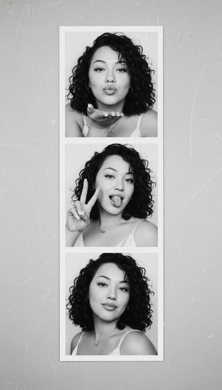  Используя мою фотографию в качестве референса для лица и волос, не изменяя исходные черты лица и сохраняя верность моим физическим характеристикам, создайте ленту из фотографий в ч/б с тремя вертикальными белыми рамками. Лента выглядит так, будто лежит на столе или фоне. Фотографии выглядят профессионально , как будто из настоящей фотобудки. 

В каждой рамке по центру расположены портрет и фотография погрудной проекции одного и того же человека. Взгляд прямо в камеру.

Общая эстетика винтажная, с лёгкой зернистостью и выцветшим качеством, напоминающая классическую аналоговую фотографию. Но при этом изображение выполнено в высоком разрешении. На светло-сером фоне видны едва заметные следы пыли и царапин. Лица человека на белом фоне. 
НЕ ИЗМЕНЯЙТЕ МОЁ ЛИЦО. На верхнем фото девушка посылает зрителю воздушный поцелуй, поднеся правую руку ко рту и слегка поджав губы. Выражение её лица игривое и дружелюбное.  На среднем фото девушка мило и игриво показывает знак мира, высунув язык. Брови слегка приподняты. На нижнем фото девушка позирует, отвернувшись к плечу, смотрит прямо в камеру с более спокойным и уверенным выражением лица. Губы мягко сжаты, взгляд прямой и чувственный. ОДЕЖДА: На ней маленькие серьги-кольца и изящное ожерелье с символом бесконечности поверх светлого атласного или шёлкового топа. На ней естественный макияж, включая глянцевый блеск для губ, лёгкую подводку для глаз и кукольные нарощенные ресницы, без излишеств. У неё квадратный французский маникюр. 