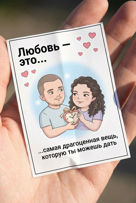 Сгенерируй фотографию крупным планом, сделанную при естественном освещении. В кадре видна рука, держащая небольшой бумажный вкладыш (наклейка) как из упаковки жевательной резинки. На пакетике напечатан рисунок (иллюстрация). Вкладыш (наклейка) немного помят. Акцент на вкладыш (наклейку). 

Описание вкладыша (наклейки):
Чистый белый фон. Тонкая чёрная рамка по всему периметру наклейки.
В левом верхнем углу крупная надпись чёрным шрифтом: «Любовь — это…»
Вокруг — небольшие розовые сердечки, минималистичные, аккуратно расставленные.

В центре — небольшая иллюстрация: мягкие линии, простые формы, мультяшные пропорции, пастельные цвета. Романтическая минималистичная cartoon-иллюстрация.

Нежная романтичная сцена. 

Персонажи иллюстрации: мужчина и женщина — это реальные люди с загруженной фотографии или фотографий. Использовать ТОЧНОЕ сходство лиц с реальными людьми с загруженного фото или фотографий:
узнаваемые черты лица, форма глаз, носа, губ, без изменения внешности, приоритет портретного сходства.
Иллюстрация должна быть выполнена по их внешности, с сохранением узнаваемости лиц, причёсок и пропорций.

За ними — мягкое размытое бледно-голубое световое пятно, пастельный градиент без резких краёв. Создаёт тёплый фон и визуально выделяет иллюстрацию.

Сюжет иллюстрации визуально отражает смысл подписи. 

Под иллюстрацией — подпись чёрным шрифтом, как в оригинальных вкладышах жвачек. 

Общее настроение: романтика, нежность, уют, ощущение влюблённости и лёгкой сказки.
Стиль — без реализма, с наивной и трогательной подачей. Сюжет: Мужчина протягивает девушке часы в форме сердце, перевязанное ленточкой — символ времени, внимания и заботы. Взгляды мягкие и искренние. Подпись: …самая драгоценная вещь, которую ты можешь дать 