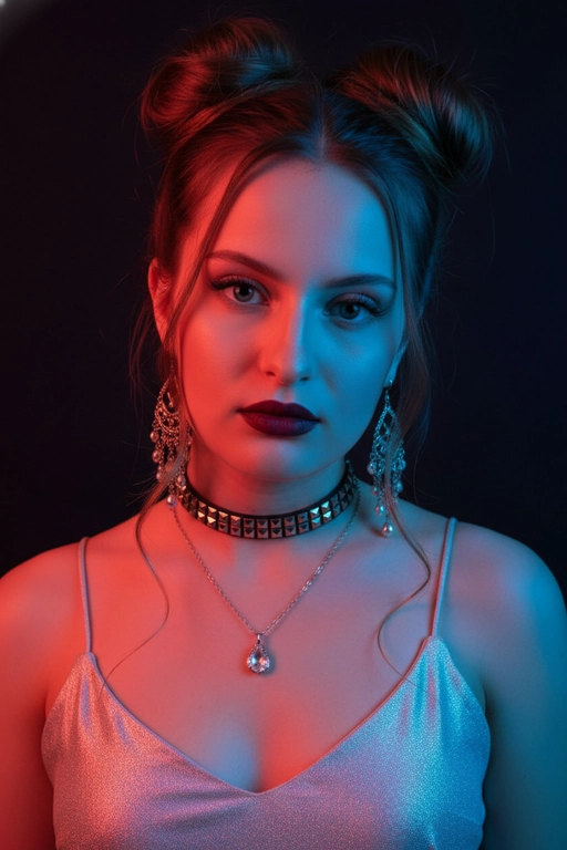 На изображении показана девушка с волосами, собранными в два пучка на голове. На ней блестящий топ на бретельках.
На шее у девушки два украшения: чокер с декоративными элементами и тонкая цепочка с кулоном. В ушах длинные серьги сложной формы.
Освещение выполнено в двух цветах: красном и синем, которые создают контрастные тени на ее лице и теле. Макияж включает в себя яркую помаду темного оттенка.
