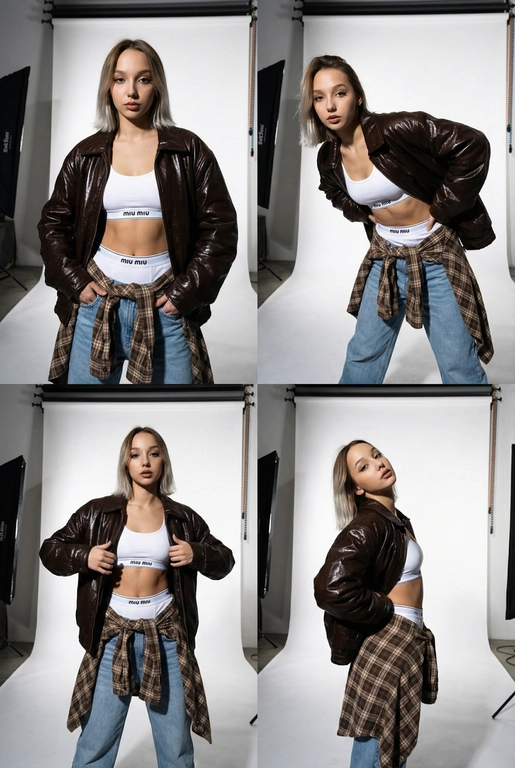  Коллаж из четырех фотографий женщины с загруженной фотографии лицо не изменять 100% сходство в стиле high-fashion и streetwear. Она позирует в студии с жестким направленным светом. На ней надет белый спортивный топ-бра и трусы-боксеры с логотипом на резинке (стиль Miu Miu), светлые голубые джинсы свободного кроя и объемная темно-коричневая кожаная куртка из глянцевой кожи. На талии повязана коричневая клетчатая рубашка в стиле гранж. 
Детализация для нейросети 
• Внешность и поза: Модель с выразительными чертами лица. Позы динамичные: взгляд в камеру, легкий наклон корпуса, руки в движении. 
• Одежда и текстуры: 
• Куртка: Оверсайз, темно-шоколадного цвета, с интенсивным виниловым или лакированным блеском. 
• Белье: Белый хлопковый трикотаж с минималистичным черным текстом по центру резинки. 
• Низ: Светло-голубой деним, классическая клетка «тартан» на рубашке (бежевый, коричневый, белый цвета). 
• Освещение и фон: Профессиональный студийный свет, создающий глубокие контрастные тени на белом фоне. Видны элементы студийного оборудования (стойка софтбокса) по краям кадра, что добавляет эстетику «backstage» или журнальной съемки. 
• Стиль съемки: Эстетика модных журналов 2000-х (Y2K) в современной интерпретации. Высокое разрешение, четкие текстуры кожи и ткани, эффект вспышки «в лоб».
3:4