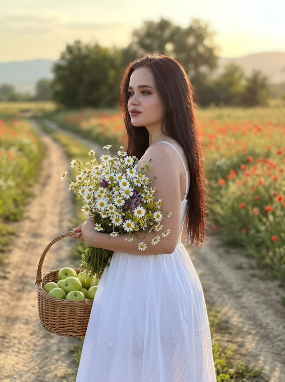 Ультрареалистичное лайфстайл-фото, снятое как на iPhone 17 Pro, загородная дорога уходящая в перспективу среди цветущих маковых полей на закате, тёплый золотой свет, мягкий контровый свет по контуру тела, естественное боке на заднем плане, лёгкая дымка в воздухе, женщина в кадре по бёдра, полуоборот 3/4 влево, корпус прямой, плечи расслаблены и опущены, правое бедро слегка отведено назад создавая естественную линию тела, подбородок немного приподнят, взгляд направлен в сторону солнца, спокойное мечтательное выражение, у груди большой живой букет ромашек, правая рука мягко обнимает букет, левая держит стебли снизу, в другой руке плетёная корзинка с зелёными яблоками, лёгкое короткое платье на тонких бретелях с воздушной юбкой слегка движущейся от ветра, натуральный макияж с мягкими бежевыми тенями, тонкой чёрной стрелкой, длинными густыми ресницами и винным тинтом на губах, живая текстура кожи, естественный закатный свет с тёплыми бликами и мягкими тенями без жёстких провалов, натуральные цвета с лёгкой тёплой тональностью, минимальная обработка без ретуши кожи, максимальный реализм, лёгкая глубина резкости, фокус на лице и букете, фон мягко размывается


Цвет платья: Белое