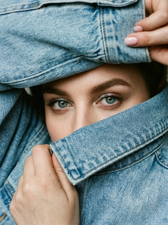 Экстремально крупный фотореалистичный fashion editorial портрет. Камера очень близко к лицу, плотный кадр, ракурс почти на уровне глаз с лёгким верхним углом. Модель не стоит прямо, а будто прячется внутри объёмной светло-голубой джинсовой куртки. Поза читается только через руки, лицо и ткань.

Весь кадр заполнен джинсой и руками. Сверху большой слой денима нависает над бровями, снизу поднятый воротник диагонально закрывает лицо до переносицы. Видны только глаза, брови, переносица и небольшой участок кожи вокруг глаз. Рот, подбородок, щёки, шея и причёска скрыты. Волосы почти не видны, максимум лёгкая тень у линии роста волос.

Одна рука сверху справа держит верхний край джинсовой куртки, частично обрезана кадром. Вторая рука снизу слева подтягивает воротник ближе к лицу. Пальцы естественно сжимают плотную ткань, создавая натяжение, складки и объём. Композиция тесная, асимметричная, с диагональными линиями ткани вокруг глаз.

Деним главный элемент кадра: светло-голубая washed denim ткань, плотная, матовая, тяжёлая, с выраженной фактурой, видимым плетением, мягкими потёртостями, заломами, массивными швами и контрастной строчкой. Джинсовая куртка выглядит натурально, объёмно и очень близко к камере.

Глаза смотрят прямо в камеру из-под бровей. Взгляд спокойный, глубокий, уверенный и слегка загадочный. Один глаз немного в тени, второй более чёткий и освещённый. Макияж глаз аккуратный: тонкая вытянутая стрелка, лёгкий cat-eye эффект, подчёркнутые ресницы, натуральные брови. В глазах живые естественные блики.

Кожа вокруг глаз реалистичная, с натуральной текстурой, мягкими порами и естественными бликами. Без пластикового сглаживания, без чрезмерной ретуши, без AI-эффекта.

Освещение мягкое, естественное, слегка контрастное, как в дорогой editorial-съёмке. Свет подчёркивает глаза, переносицу, руки, швы и складки денима. Тени глубокие, но натуральные. Цвета спокойные и реалистичные: светло-голубой деним, нейтральный тон кожи, мягкие тени.

Фон полностью отсутствует. В кадре только джинсовая ткань, руки и узкий фрагмент лица. Ultra realistic close-up, luxury denim editorial, natural film grain, shallow depth of field, soft sharpness, high detail, realistic skin texture, realistic denim texture, no CGI, no plastic skin, no over-retouching.

Negative prompt: visible hairstyle, loose hair, open face, full face, mouth visible, chin visible, neck visible, full body, standing pose, normal jacket pose, symmetrical framing, empty background, studio backdrop, glossy denim, plastic skin, AI smoothing.