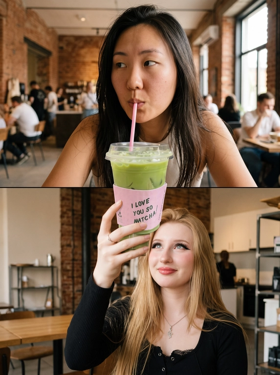 Используя предоставленный схематичный коллаж как референс, создай фотореалистичный вертикальный коллаж из двух кадров с точно такой же композицией, кадрированием и с ОДНИМ стаканом матча латте между кадрами ПОВЕРХ границы. На последнем фото схематично показано как должны располагаться люди.

Верхний кадр: первый человек с референса сидит в современной оживленной лофт specialty-кофейне в и пьет этот матча-латте из коллажа через розовую соломинку. Взгляд направлен в сторону, видна только голова и плечи. Положение головы и плеч фронтальное. Дневное освещение, человек одет в летнее, естественная текстура кожи и волос, реалистичность.

Нижний кадр: второй человек с референса сидит в той же самой кофейне и держит рукой тот же самый стакан матча-латте из коллажа, как бы протягивая его человеку на верхнем кадре. Взгляд направлен вверх на стакан, видна только голова, плечи и рука этого человека. Легкая улыбка, положение головы и плеч фронтальное. Дневное освещение, летняя одежда, естественная текстура кожи и волос, реалистичный кадр.

Стакан и соломинка должны быть одним непрерывным объектом, логично проходящим поверх границы между кадрами. Совпадение по положению, масштабу, наклону, форме, цвету напитка, крышке, манжете и соломинке должно быть точным.

Люди должны быть органично вписаны в сцену: одинаковый теплый дневной свет, совпадающие тени, единая цветокоррекция, правильная перспектива, естественная глубина, натуральная текстура кожи, легкие контактные тени, реалистичные руки и пальцы. Итог должен выглядеть как реальный коллаж из фотографий в кафе. Pinterest style, снято на iphone.