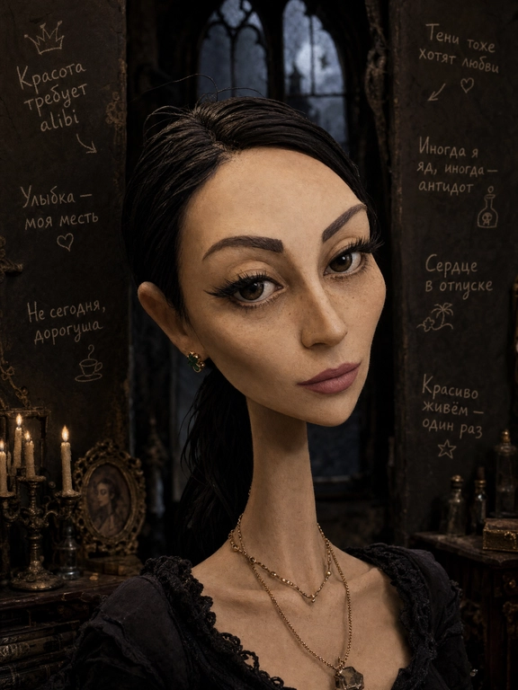 use this fhoto. 

Выберите стиль: turn the person from the uploaded photo into an eerie but beautiful gothic stop-motion fairy-tale fashion character. Use the uploaded photo as the strict reference for pose, composition, body direction, outfit logic, facial mood, hand placement and main furniture. Do not reinvent the pose. Do not change the chair, doorway, sofa or any key object from the reference.  Preserve the original body language and silhouette, but stylize the person into a clean, elegant stop-motion character: elongated thin neck, angular but beautiful face, hollow cheeks, large tired eyes with heavy lids, small serious mouth, slightly asymmetrical sculpted face, graceful strange proportions, expressive hands, refined gothic beauty.  The character should look like a smooth physical stop-motion figure photographed in a miniature set: clean matte sculpted face, polished clay/plasticine-like forms, painted facial details, stylized sculpted hair strands, neat fabric clothing, real shadows, contact shadows, visible depth, practical studio lighting, soft cinematic shadows. No flat illustration, no rough craft texture.  Transform the scene into a dark elegant gothic stop-motion fairy-tale world: crooked old window, antique furniture, candlelight, theatrical shadows, old wood, gothic doorway or miniature room, melancholic dark humor, clean eerie beauty. The frame should feel like a beautifully crafted gothic stop-motion animation still, not a fashion photo.  Keep the outfit stylish, clean and intentional. Preserve the outfit logic from the reference, but make it gothic, theatrical and fashion-aware. If legs are visible, make them long, thin, elegant and slightly unreal, but anatomically clean, dimensional and believable.  Add 5–7 clearly readable handwritten Russian notes around the character, medium-sized, chalk-like, physically written on the wall or nearby surfaces. Short witty phrases, 2–6 words each. Ironic, slightly absurd, character-specific, not generic poetic quotes. Minimal arrows and tiny doodles.  IMPORTANT STYLE: smooth gothic stop-motion animation, clean matte puppet surface, elegant angular face, dark fairy-tale miniature set, refined fashion character, melancholic comedy, strange beauty, theatrical but clean.  NEGATIVE: photorealistic human, live-action fashion editorial, realistic pretty woman, soft romantic portrait, cute doll, porcelain doll, baby doll, anime doll, Disney-like, Pixar-like, glossy AI beauty, digital painting, watercolor, flat sketch, wool doll, felt doll, fuzzy texture, sand-like texture, rough fabric skin, gritty dirty skin, broken puppet, horror doll, skeletal body, exposed joints, twisted limbs, wooden stick legs, plastic commercial 3D, messy dirty clothes, unreadable tiny handwriting, too many arrows, large text blocks.