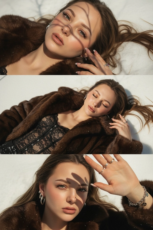 Создай не меняя черты лица.Макияж: яркий в стиле Y2K - длинные натуральные ресницы,приподнятые брови,  контур и румяна, свечение хайлайтера, глянцевые нюдовые губы. Ногти: средней длинны в стиле baby boomer.
﻿﻿Ювелирные изделия: подходящие серьги + несколько колец + браслет с подвесками. Композиция в три части в стиле Y2K: Верхний кадр:
﻿﻿крупный план её глаз и верхней части лица, она лежит на снегу,солнечный свет создаёт резкие тени от деревьев/ ветвей. Средний кадр - она лежит на снегу, в шубе, под ней корсет, глаза закрыты, лёгкая улыбка. Нижний кадр - крупный план, она смотрит прямо в камеру, одна рука закрывает солнце, тени полосами на её лице. Она лежит на снегу.Общая эстетика Y2K: тёплые тона, золотистый оттенок, мягкая зернистость, повышенный контраст, лёгкий виньетирование, ностальгическое, мечтательное настроение. Цвет шубы - темно-коричневый, под мех норки, цвет корсета - черный, кружевной.