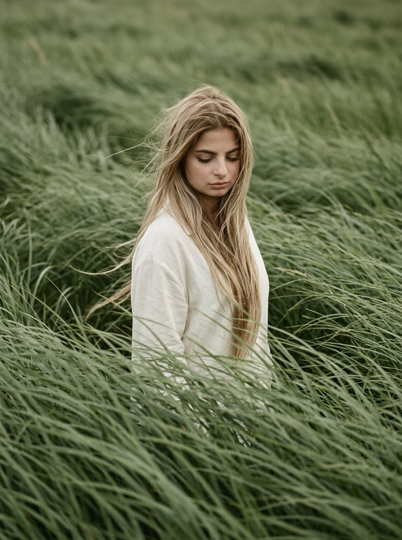 Create cinematic, atmospheric editorial portrait using the attached photo as the exact face and identity reference. A solitary model stands alone in the middle of vast wind-swept sage green grass fields. Tall grass surrounds the subject completely, flowing in strong currents like ocean waves, partially occurring the body did creduns mononaepin dna soutude. the subject wedis c simple, loose white shirt that softly contrasts with the rich green landscape hair is slightly messy, with natural strands moving in the wind. The head is gently tilted downward, eyes cast toward the ground, conveying a quiet introspective, melancholic mood. Expression is calm, distant, and emotionally restrained. Compose the frame slightly off-center, from a subtle elevated angle.
No visible horizon, the frame is fully immersed in grass texture. Use a muted natural palette of sage green, deep olive, and soft off-white. Shoot telephoto perspective, shallow depth of field, cinematic framing. Film photography destek with visible grain, soit edge tallon, atmospheric wind driven motion blur in the grass. Quiet, poetic storytelling: ultra-detail natural magazine-cover editorial quality. No text, no watermark.