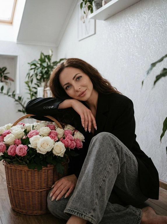 Создай изображение. Высококачественный портретный снимок: женщина сидит на полу рядом с большим букетом  в корзине. Она опирается локтем на букет, смотрит в камеру, вторая рука лежит на колене, одна нога подтянута к себе. Ракурс чуть сверху, сверху также частично виден букет. На ней серый оверсайз-пиджак и светлые розовые свободные джинсы baggy. Макияж аккуратный и выразительный: ровный тон кожи, уложенные брови, мягкие стрелки, прокрашенные ресницы, лёгкий румянец, губы с блеском. Фон — белая стена с белыми обоями с лёгким блеском, домашняя атмосфера. Освещение мягкое, рассеянное, исходит из верхнего левого угла, создавая минимальные тени. Композиция сосредоточена на женщине, с умеренной глубиной резкости.  Лёгкое зерно, кинематографичный эффект и слегка затемнённую атмосферу. 

Какие будут цветы?: Розы в корзине белые и розовые

Доп. характеристики: ПИДЖАК ЧЕРНЫЙ, СЕРЫЕ ДЖИНСЫ, НОГТИ МИНДАЛЬНОЙ ФОРМЫ,