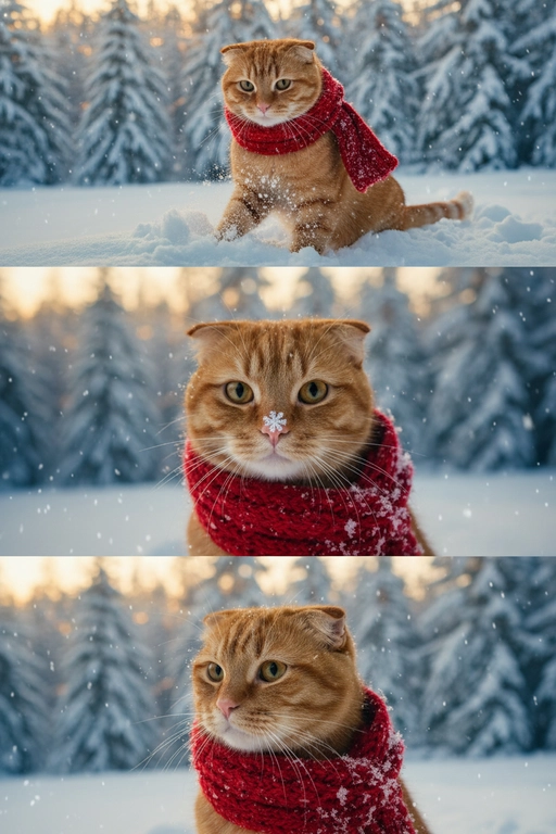     Коллаж из 3-Х фото моего питомца на зимнем фоне в снегу. Питомец в вязаном шарфе, вокруг падает снег, на заднем плане заснеженный лес.

Первый кадр — питомец в полный рост. Он играется со снегом 

Второй кадр — крупный план, увеличенный кадр мордочки питомца с одной снежинкой на носике. Мордочка питомца занимает весь кадр, взгляд прямо в камеру 
 
Третий кадр - портрет питомца, он смотрит в левую сторону. На фото виден шарф, на шарфу есть снежинки 

Три кадра объединены в вертикальный коллаж в едином тоне и свете. Атмосфера — реалистичная, теплая и немного кинематографичная.
Свет мягкий, утренний.  Цвет шарфа - красный 
