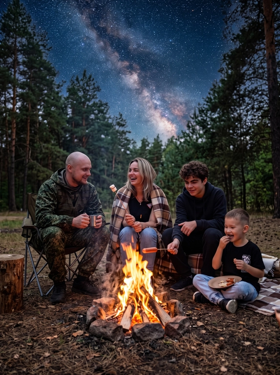 На снимке изображены люди с представленных фотографий (их количество соответствует числу загруженных референсов), собравшиеся у костра на природе — вероятно, в лесу, в вечернее или ночное время. Обстановка создает уютную и спокойную атмосферу под звездным небом, на котором хорошо виден Млечный Путь. Цветовая гамма выдержана в теплых тонах: огонь костра излучает яркое оранжево-желтое свечение, а окружающая темнота и ночное небо с множеством звезд создают контраст и ощущение уютной ночи.
Каждый человек на фотореференсах сидит на складном стуле или прямо на земле — расположение естественное, несимметричное, как при настоящей встрече у костра. У кого-то в руках палочка для маршмеллоу, у кого-то кружка с напитком, кто-то держит еду. Все улыбаются и выглядят расслабленными, увлеченными непринужденным общением — как будто делятся историями и наслаждаются близостью друг с другом.
Позы у всех свободные и естественные, без напряжения. Одежда в стиле кэжуал — мягкая, удобная, подходящая для прохладной погоды (свитера, куртки, плед на плечах). Если на фото один человек, он сидит один в той же уютной обстановке у костра, без лишних пустых стульев рядом. Если людей несколько, они равномерно и естественно распределены вокруг костра, как настоящая компания друзей или семья.
В целом фотография должна выглядеть как теплый, стильный кадр из фотосессии на природе, передающий атмосферу уюта, близости и волшебства звездной ночи.