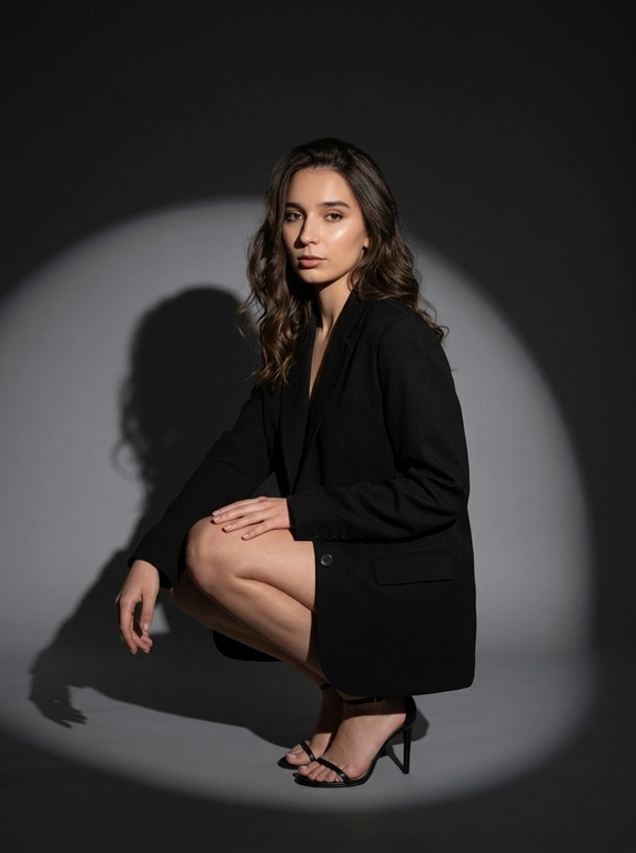 Модная студийная съёмка в стиле fashion editorial. Не менять внешность женщины. Женщина одета в только в чёрный оверсайз пиджак. Профессиональный макияж с акцентом на кожу и глаза. Один направленный прожектор формирует чёткое круглое световое пятно на темно-сером бесшовном гладком фоне и выразительную тень за спиной. Контрастный кинематографичный свет, глубокие тени, драматичный минимализм. Атмосфера — уверенность, сила, эстетика high fashion. высокая детализация кожи, реалистичная текстура, съёмка уровня модного журнала. Средний план. Женщина сидит на корточках, одна рука лежит на колене, корпус слегка наклонён вперёд. Уверенный прямой взгляд в камеру. На ногах чёрные босоножки на тонком каблуке. Чёткая тень позади усиливает драматизм кадра.

Какая будет прическа?: Волосы распущены, уложены в легкие волны.