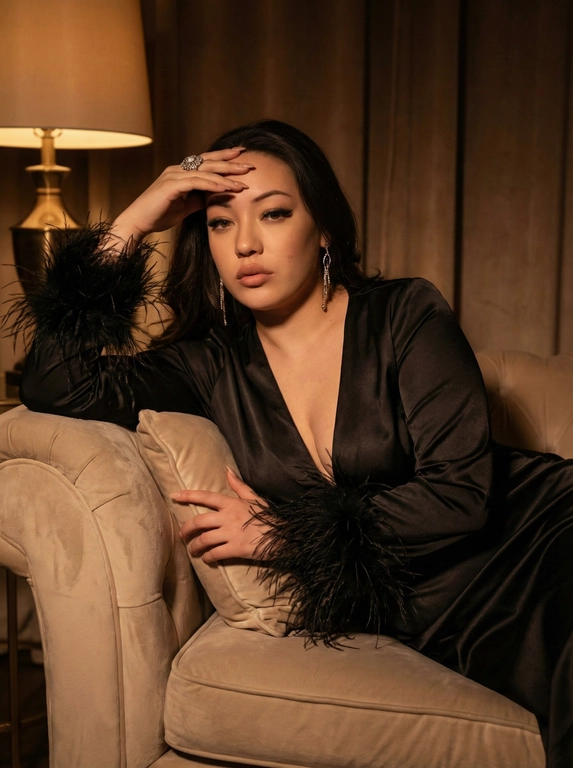   Сохранить лицо с загруженной фотографии. Фотография представляет собой портрет женщины, выполненный в стиле модной фотосессии. Она находится в помещении с приглушенным светом, возможно, в будуаре или гостиничном номере. Общая атмосфера снимка – чувственная и немного загадочная. Цветовая гамма теплая, с преобладанием бежевых, коричневых и черных тонов.

Женщина полулежит на светлом диване или кровати, опираясь на локоть. Она одета в черное платье или жакет с глубоким V-образным вырезом и отделкой из перьев на рукавах и, возможно, по всей длине. Одна рука поднята и касается лба, словно в задумчивости или усталости, на пальце заметно крупное кольцо. В ушах – длинные серьги. В целом, образ выглядит роскошно и элегантно. Поза расслабленная, но при этом привлекательная.
