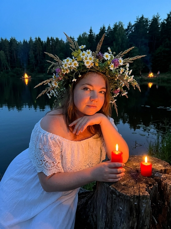 Ultra-realistic Ivan Kupala night atmosphere near a calm lake at twilight. Woman sitting beside an old tree stump near the water, body slightly leaning forward in a dreamy relaxed pose, one arm resting naturally over the knee, the other delicately holding a thin burning red candle beside another candle on the stump. White off-shoulder vintage peasant dress with lace details and soft fabric folds. Hair styling only: soft natural styling with loose face-framing strands. Large realistic wildflower crown made of chamomile flowers, meadow grass and white blossoms. Dark forest and calm lake behind, warm candlelight illuminating the face and hands, deep blue twilight shadows, mystical summer night mood. Shot on iPhone night mode, realistic low-light grain, lowered exposure, no flash, no blur, no bokeh, everything sharp and in focus.