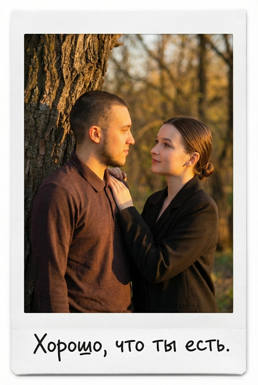 Портрет пары в мягком золотом вечернем свете, они влюбленно смотрят друг на друга у дерева, спокойный, тёплый, естественный. Ее рука у мужчины на плече. Фото оформлено в виде полароидного снимка: белые широкие поля, характерная матовая текстура, лёгкая виньетка, зернистость. На нижнем поле — короткая надпись маркером рукописным шрифтом. Текст на полароиде: Хорошо, что ты есть.