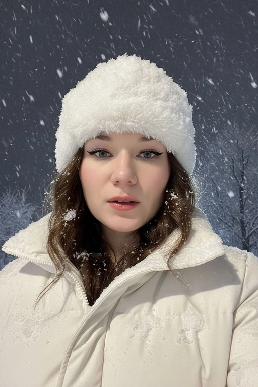 Селфи крупным планом, сделанное ночью на улице во время сильного снегопада. У женщины выразительные волосы и выразительные глаза, на ресницах и волосах которой лежат снежинки. На ней зимняя шапка из искусственного меха, почти полностью покрытая снегом, и пуховая куртка, припорошённая снегом на плечах и воротнике.
Освещение: мягкий холодный ночной свет сверху и немного спереди, создающий лёгкое свечение на щеках и лёгкие блики на куртке.
Поза: она держит камеру чуть ниже уровня глаз, уверенно снимая своё лицо снизу вверх; губы слегка приоткрыты, выражение лица спокойное, но выразительное. Фон: тёмное зимнее ночное небо, едва заметные ветви деревьев, слегка покрытые инеем, минимальная видимость для создания драматического настроения. Атмосфера: холодная, кинематографичная, с чистой зимней энергией; стильный современный снежный портрет с естественной текстурой и деталями. Шапка и куртка белого цвета