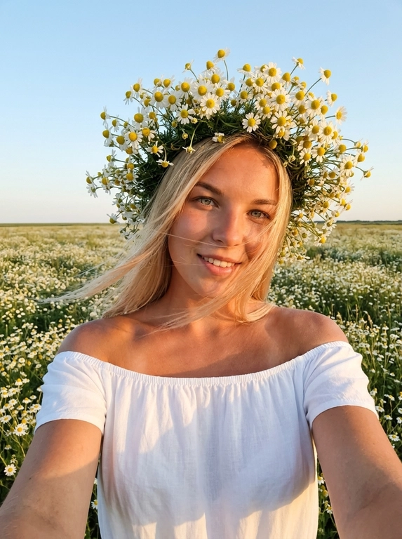 Женщина делает селфи. На ней белое легкое платье с открытыми плечами, лёгкое хлопковое  платье. Кожа загорелая. У нее на голове объёмные цветочные венки из мелких полевых ромашек . Венки должны быть пышные, натуральные, свежие, как летний flower crown. Цветы расположены вокруг головы, без искусственного вида.
Её волосы развиваются от ветра слегка падая на лицо.
Фон: летнее поле с ромашками. Открытое небо без облаков слегка голубое.
Не размывай фон. Голова слегка наклонена к плечу.
Рук в кадре нет.
Горизонт прямой , волосы сильно развиваются от ветра. Солнечная погода в золотой час.